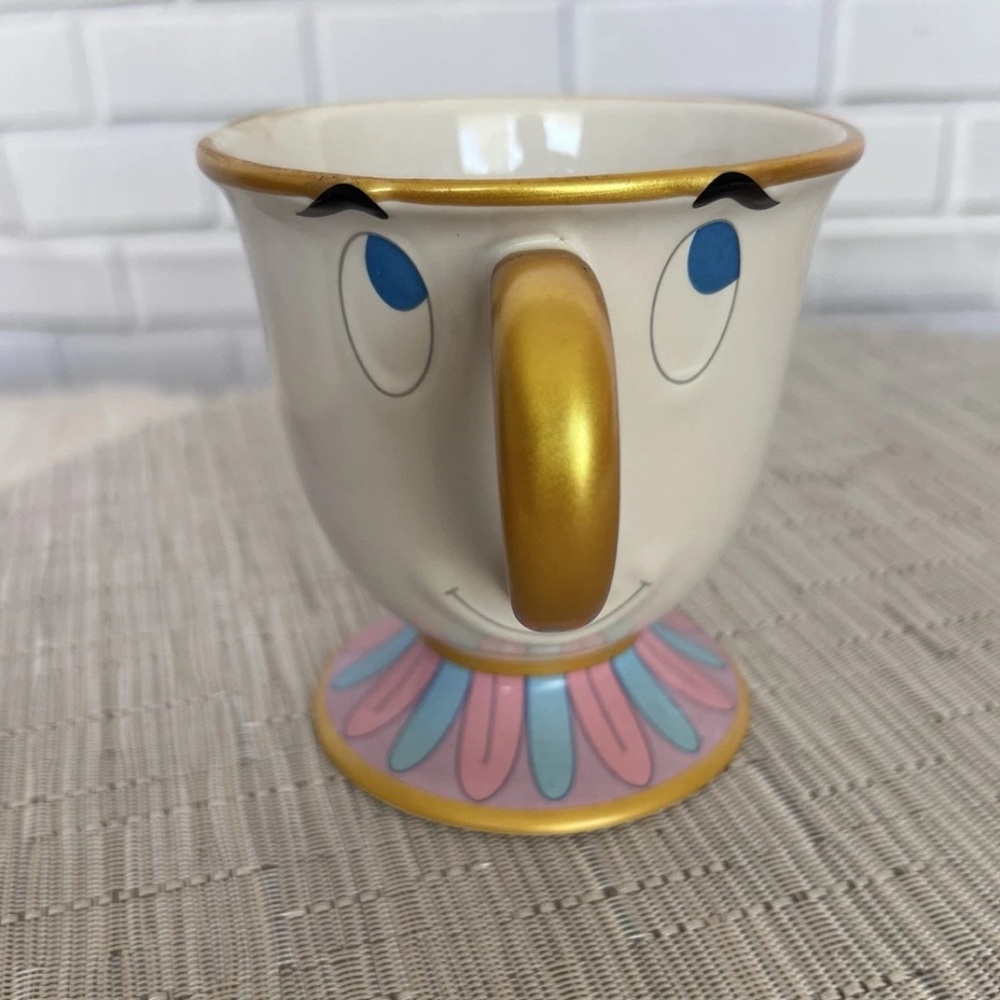 ✅ Disney Parks CHIP Mug Beauty & the Beast Coffee Tea Cup Figural Gold